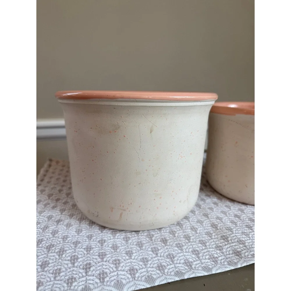 Set of 2 Vintage Italian Ceramic Planters Pink Off White Speckled Earthenware‎